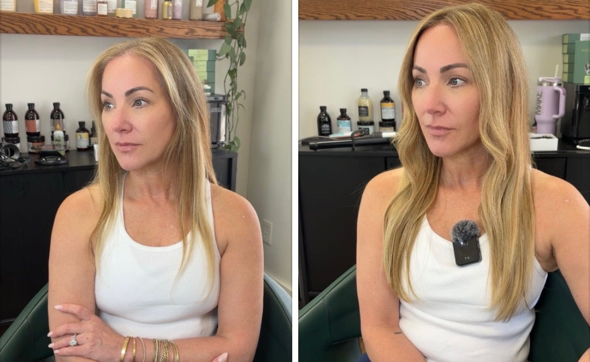 Studio Zeal blonde client before and after hair enhancement